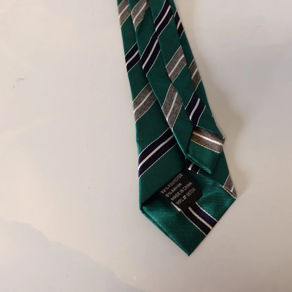Skinny Tie Boy Green Repp Striped Regimental Dress Preppy Formal Clip On Necktie